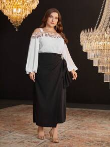 Modelyn Conjunto de Top de Manga Lanterna com Ombros Abertos e Saia com Design Colorblock Brilhante com Paetês, Vestido de Festa Elegante de Duas Peças para Tamanhos Grandes - Preto e Branco - Visão 3