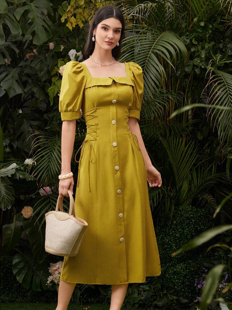 Women's Square Neck Short Puff Sleeve Single-Breasted Dress