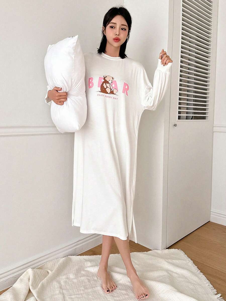 DAZY 女士小熊印花圆领家居睡衣 - 白色 - 查看 1