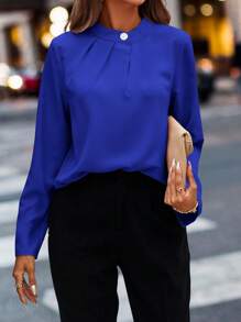 SHEIN Clasi Blusa unicolor con detalle de botones - azul real - Ver 1