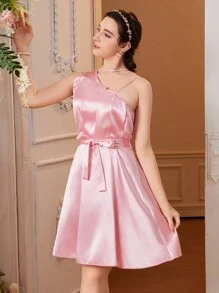Vestido de fiesta con volantes asimétricos en el hombro para niñas adolescentes - Rosa - Ver 1