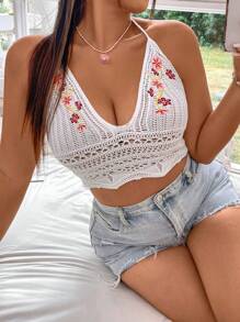 Flirla 大尺碼女裝波西米亞度假風格性感鑽石編織露背無袖背心 - 白色 - 查看 1