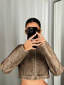 SHEIN ICON Women's Zippered Cropped Fall Clothes Women Jacket,Ladies Late Fall Casual Zipper Regular Sleeve Stand Collar Regular Fit Coffee Brown Plain Women Jackets,Casual Daily Wear