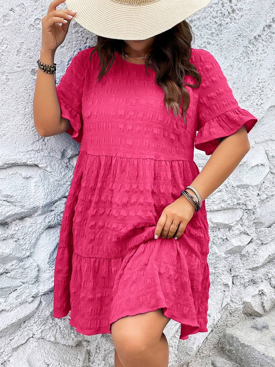 SHEIN LUNE Plus Size Bell Sleeve Smock Dress - Hot Pink - View 1