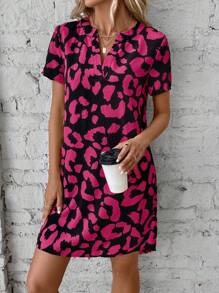 SHEIN LUNE 女士豹紋款v領短袖連衣裙 - 玫紅色 - 查看 3