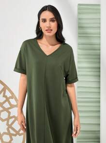 Mulvari Women's Letter Print Drop Shoulder Loose Fit Dress - Army Green - View 8