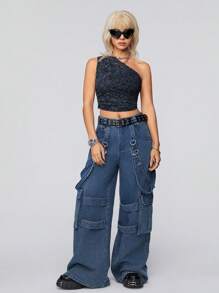 SHEIN EZwear Haut Court Asymétrique Avec Col, Effet Délavé Et Noeuds À La Teinture Pour Un Style