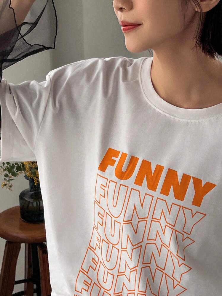 FRIFUL 女式超大字母印花T恤超大T恤，图案T恤 - 白色 - 查看 7