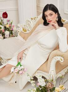 Modelyn Women's Patchwork Wrap Belted High Slit Dress - Apricot - View 7