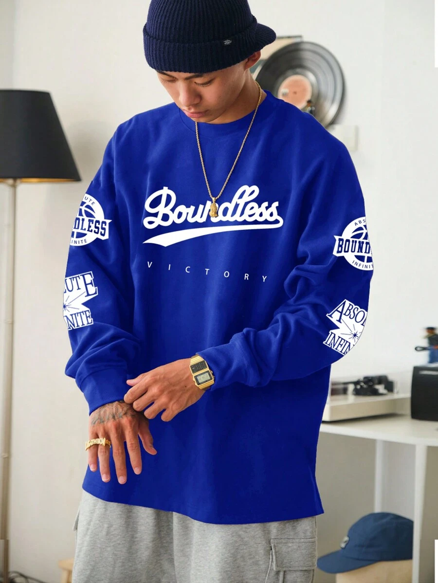 Claim Dot Men's Loose-Fitting Round Neck Long Sleeve T-Shirt, Fall - Blue - View 1