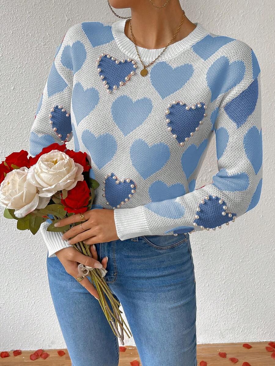 SHEIN Essnce 心形图案串珠圆领套头毛衣，长袖，针织套头衫，秋冬款 - 彩色 - 查看 1