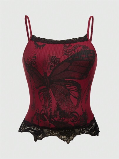 Fairycore Damen Große Größen Sommer Schmetterlingsprint Spitze Patchwork Träger Top