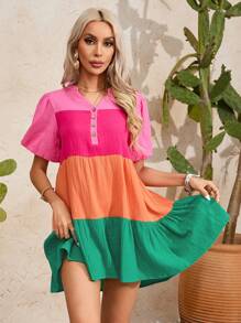 Aveloria GENKIRA Ladies' Color-Block V-Neckline Short Sleeve Bodycon Dress With Cutout - Multicolor - View 5
