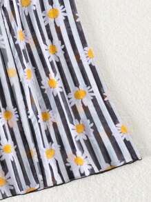 Young Girls' Striped Kimono With Daisy Print And Open Front - Black and White - View 4