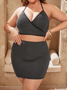SHEIN Swim Curve 大码女式条纹吊带分体比基尼套装（3 件/套）夏季海滩 - 黑色 - 查看 1