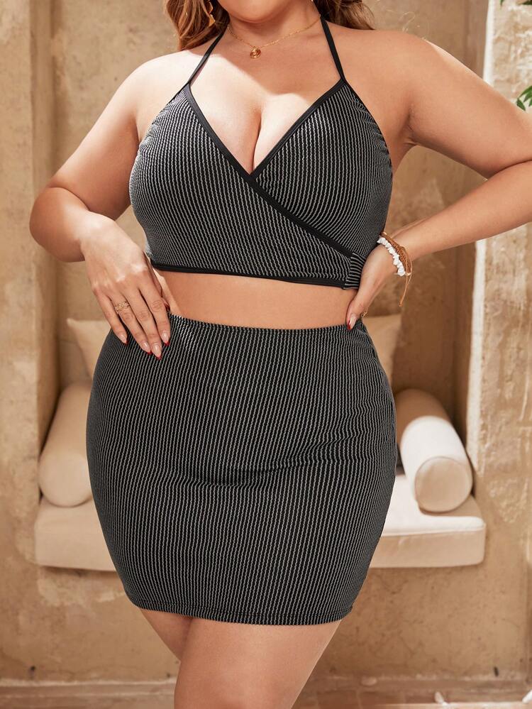 Plus Size Women's Striped Halter Strap Separated Bikini Set (3pcs/Set) Summer Beach
