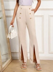SHEIN Clasi Pantalones Para Mujeres Con Pierna Ancha, Abotonado Doble Con Abertura En El Dobladillo