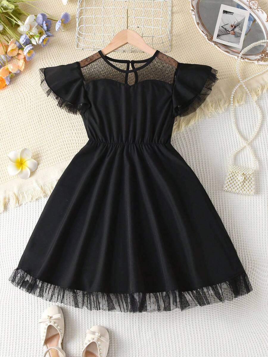 SHEIN Tween Girl Party Elegant Round Neck Short Sleeve A-Line Tulle Wedding Flower Girl Dress With Waistband - Black - View 1