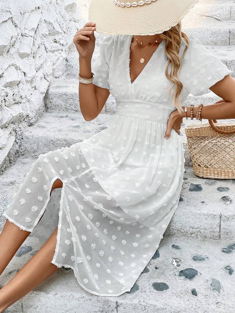 Women's V-Neck Short Puff Sleeve Belted Dress