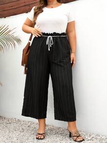 Mulvari Plus Size Solid Textured Fabric Loose Pants - Black - View 2