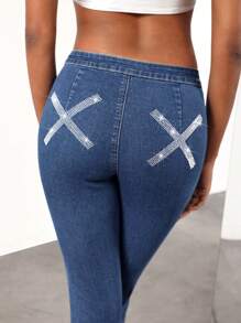 LANOR Designer Women Rhinestones Hem Cut Out Waist Cowgirl Jeans, For Summer, Holiday, Festival - Blue - View 5