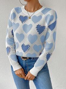 SHEIN Essnce 心形图案串珠圆领套头毛衣，长袖，针织套头衫，秋冬款 - 彩色 - 查看 5