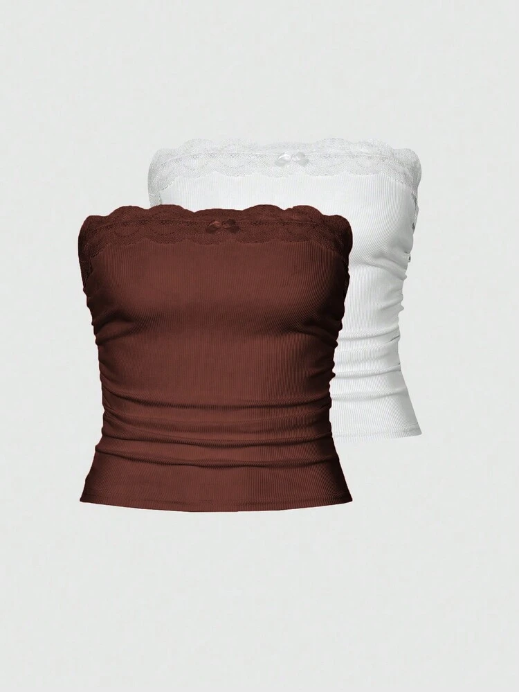 Women's Strapless Lace Splice Top With Bow Decoration
