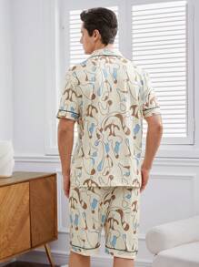 Men's Full Print Design Contrast Piping Pajama Set For Home - Beige - View 2