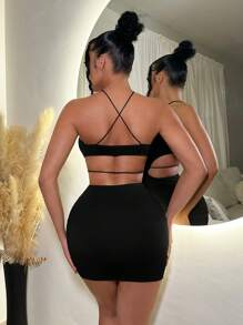 SHEIN SXY Summer Beach Crossing Cutout Deep V-Neck Sexy Slim Fit Backless Halter Dress - Black - View 2