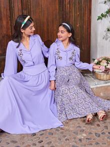 SHEIN Tween Girl Embroidered Ruffle Front Flounce Collar Shirt And Floral V-Shaped Waistband Long Skirt, And Matching Mommy And Me Outfits (2 Sets Are Sold Separately)