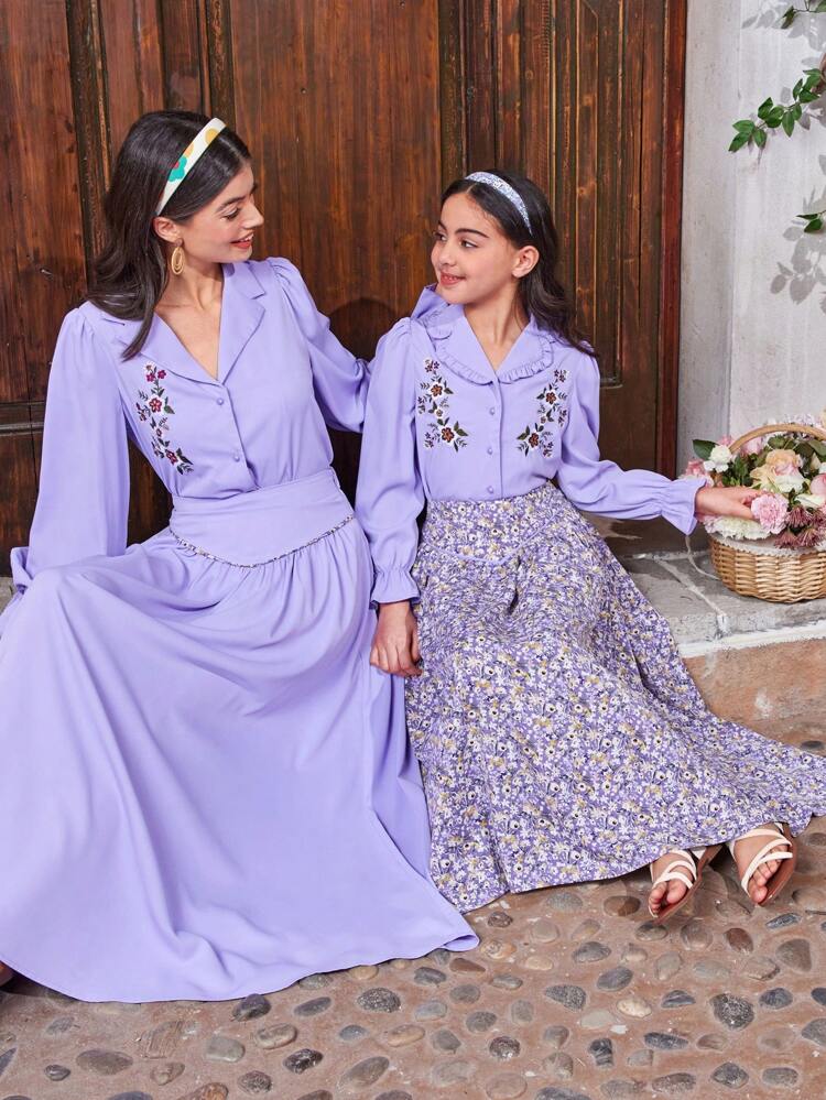 Tween Girl Embroidered Ruffle Front Flounce Collar Shirt And Floral V-Shaped Waistband Long Skirt, And Matching Mommy And Me Outfits (2 Sets Are Sold Separately)