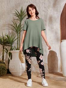 SHEIN Conjunto De Camiseta Asimétrica Con Cuello De Costilla Y Leggings Florales Para Chica Adolescente - Verde Oliva - Ver 3