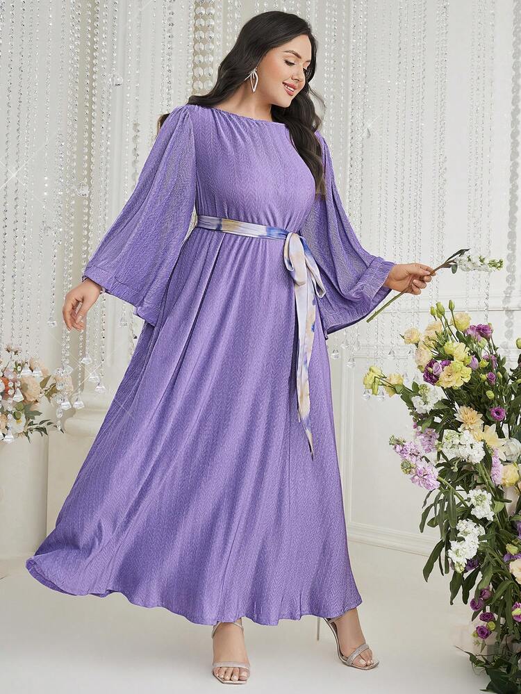 Plus Boat Neck Flared Sleeve Dress Long Evening Dresses