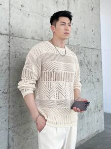 Claim Dot Men's Solid Color Hollow Out Knitted Drop Shoulder Crochet Loose Sweater, Crew Neck Long Sleeve Pullover White Sweater - Apricot - View 6