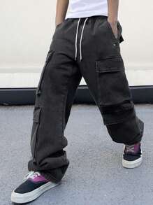 Manfinity EMRG Men's Drawstring Waist Cargo Denim Jeans - Black - View 5