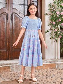 SHEIN Tween Girl Flower Printed Dress With Puff Sleeves, Smocked Top And Ruffle Detailing, Mommy And Me Matching Outfits (2 Pieces Are Sold Separately) - Blue - View 8