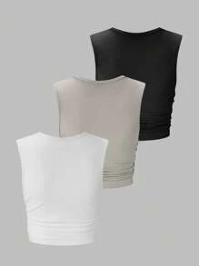 SHEIN Essnce 女式褶皺側邊肋紋坦克上衣 - 彩色 - 查看 2