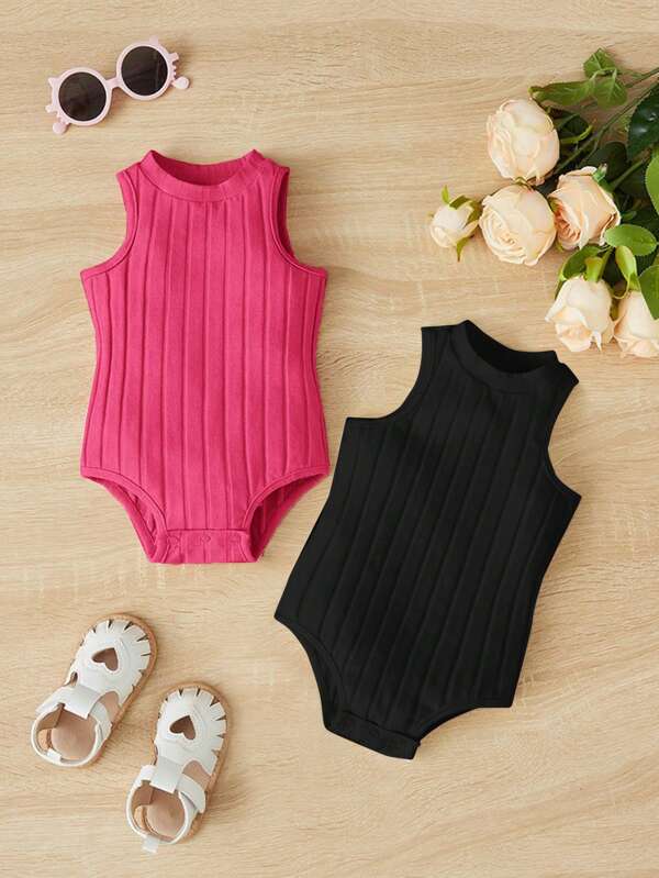SHEIN 2入組嬰兒女童無袖肋紋連體褲,純色休閒服