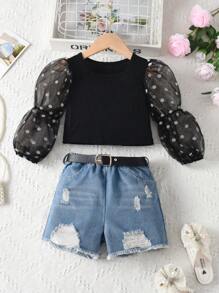 SHEIN Young Girls' Stylish & Vintage Puff Sleeve Ribbed Hem Tee And Elastic Waist Ripped Denim Shorts With Belt Set For Summer - Black - View 1