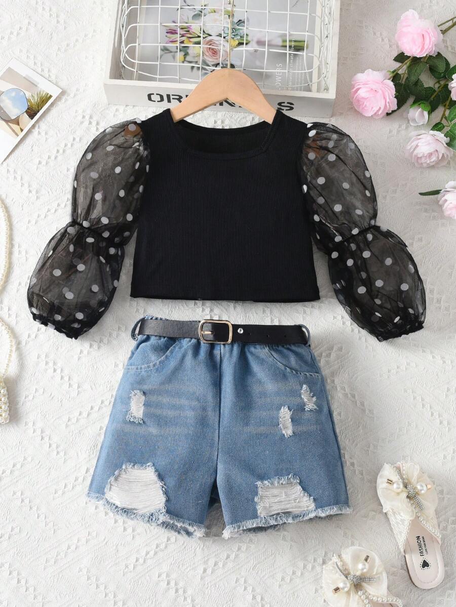 SHEIN Young Girls' Stylish & Vintage Puff Sleeve Ribbed Hem Tee And Elastic Waist Ripped Denim Shorts With Belt Set For Summer - Black - View 1