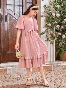 SHEIN Sukienka dla dziewczynki Tween ze skrzyżowanym dekoltem, bufiastymi rękawami, zakładkami na plecach i marszczonym dołem Pasująca do strojów mama i ja (2 sztuki sprzedawane osobno) - Różowy - Zobacz 6