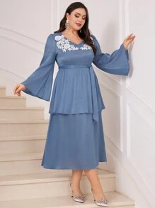 Modelyn Plus Size V-Neck Bell Sleeve Dress Long Evening Dresses - Blue - View 4