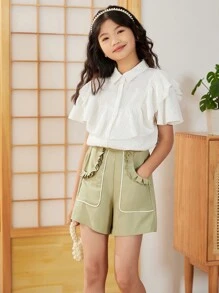 SHEIN Chemise Pour Fille Préadolescente À Manches Évasées À Volants Et À Coupe Droite Unie