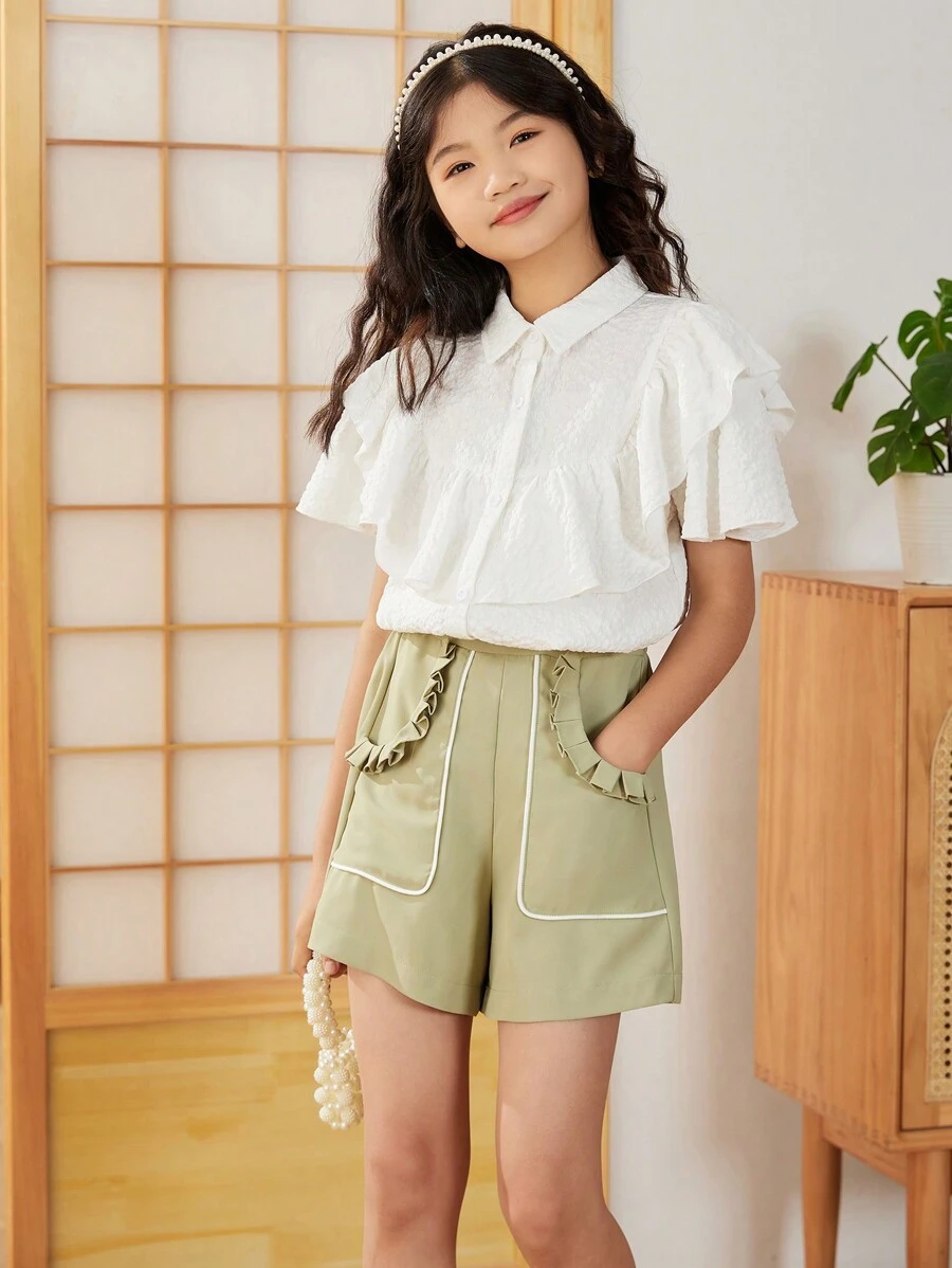 SHEIN Chemise Pour Fille Préadolescente À Manches Évasées À Volants Et À Coupe Droite Unie