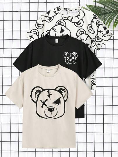 SHEIN 3pcs/Set Tween Boys' Casual Korean Style Bear Pattern Printed Loose Fit Knitted Short Sleeve Tee Shirts, 3 Colors Each