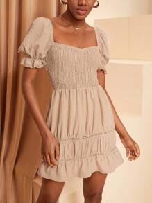 BELEN RODRIGUEZ Designer Women's Solid Color Puff Sleeve Shirred Dress, Summer Elegant Dress, New Year Eve Outfit, For Holiday, Party, Thanksgiving, Vacation, Spring, Festival