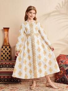 SHEIN Leap Crew Tween Girls合身漸寬花卉印花裙配圓領 - 彩色 - 查看 2