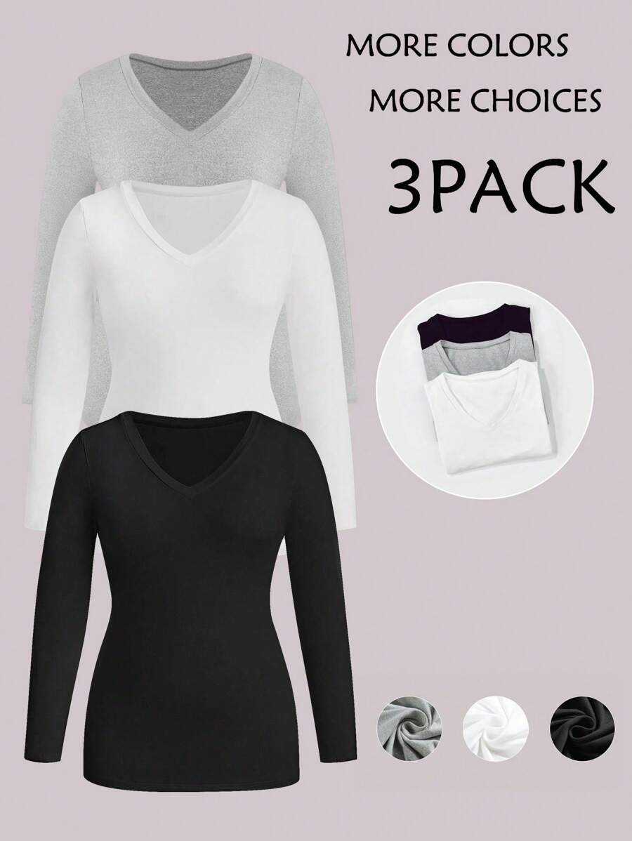 Calvaya Damen Thermounterwäsche Set in Große Größen, 3er Pack - Unterhemd & Oberbekleidung, Weiß, Schwarz & Hellgrau