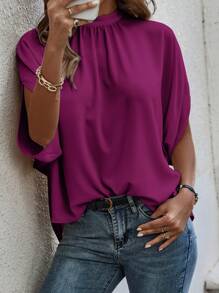 EMERY ROSE Tie Back Batwing Sleeve Solid Blouse - Red Violet - View 3
