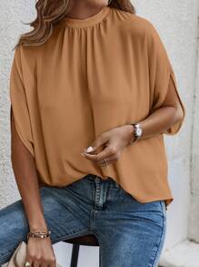EMERY ROSE Tie Back Batwing Sleeve Solid Blouse - Brown - View 4